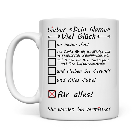 Viel Glück im neuen Job wünschen | Tasse Mann Geschenk