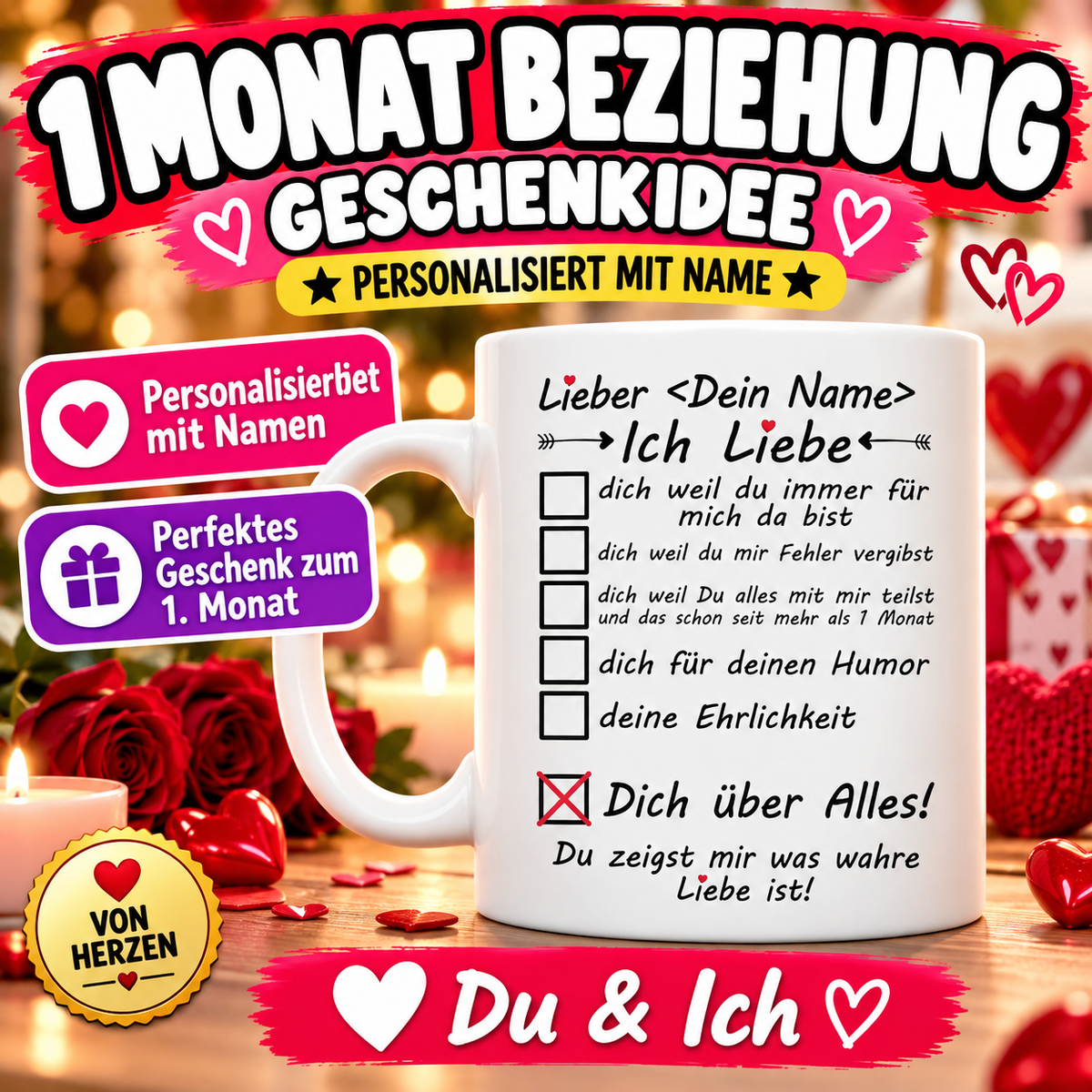 Personalisierte weisse Tasse als Geschenk zum 1. Monat der Beziehung für den Freund mit Wunschnamen