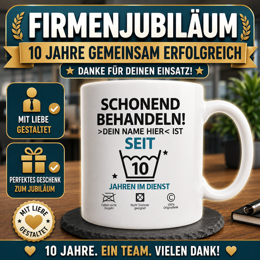 10-jähriges Firmenjubiläum Geschenk – personalisierte Tasse mit Name zum 10-jährigen Arbeitsjubiläum für Mitarbeiter, Kollegen oder Chef.