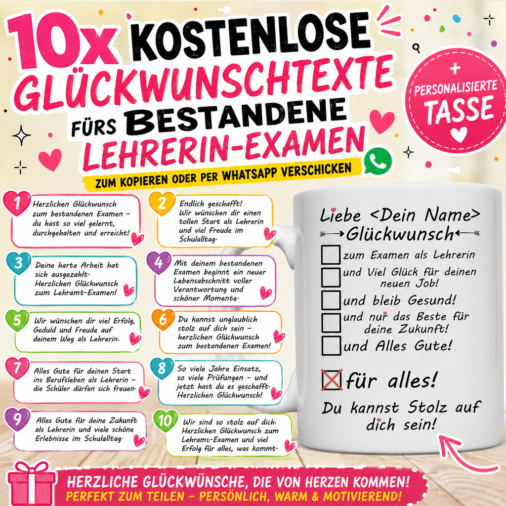 10 Glückwünsche zum bestandenen Examen als Lehrerin mit personalisierter Tasse und Sprüchen zum Lehramt Examen als Geschenkidee