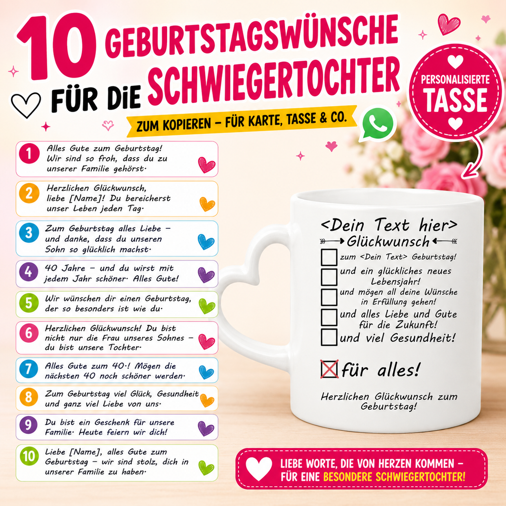 10 liebevolle Geburtstagswünschen für die Schwiegertochter. Große pink-schwarze Überschrift mit Herz- und WhatsApp-Elementen auf hellem Hintergrund. Links stehen emotionale Sprüche in bunten Textfeldern, rechts eine weiße personalisierte Tasse mit Herzhenkel und Geburtstagsgruß im Checkbox-Design. Das Motiv eignet sich ideal zum Teilen per WhatsApp, für Karten oder als Geschenkidee zum Geburtstag der Schwiegertochter.