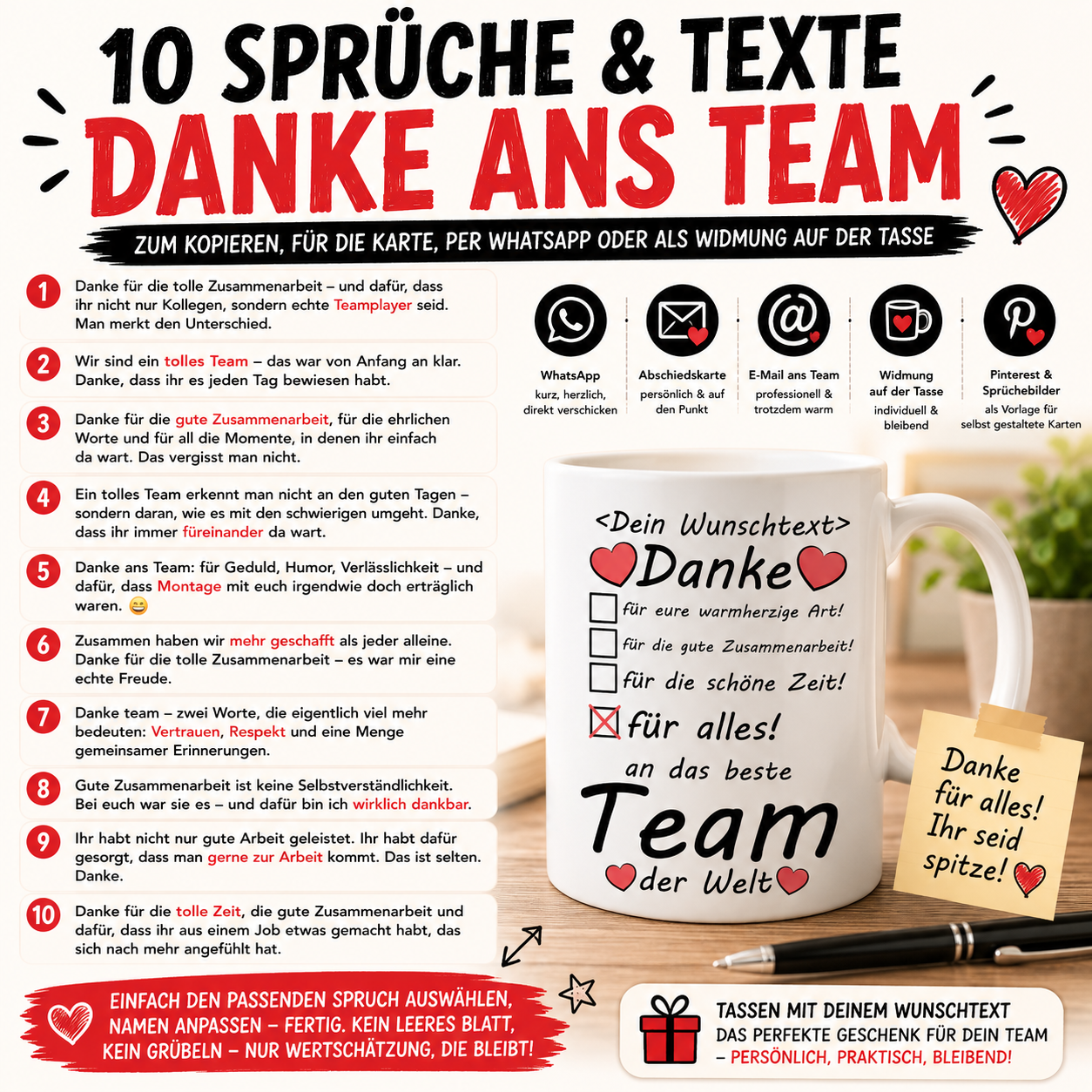10 SPRÜCHE &amp; TEXTE – DANKE sagen ANS TEAM zum abschied
Zum Kopieren, für die Karte, per WhatsApp oder als Widmung auf der Tasse: