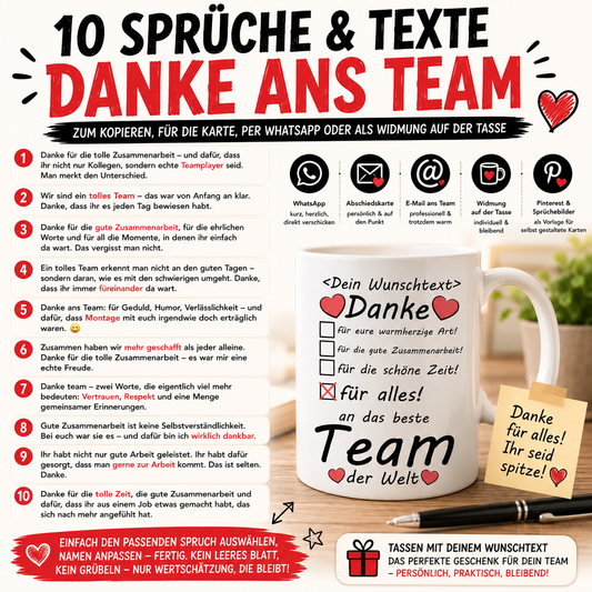 10 SPRÜCHE &amp; TEXTE – DANKE sagen ANS TEAM zum abschied
Zum Kopieren, für die Karte, per WhatsApp oder als Widmung auf der Tasse: