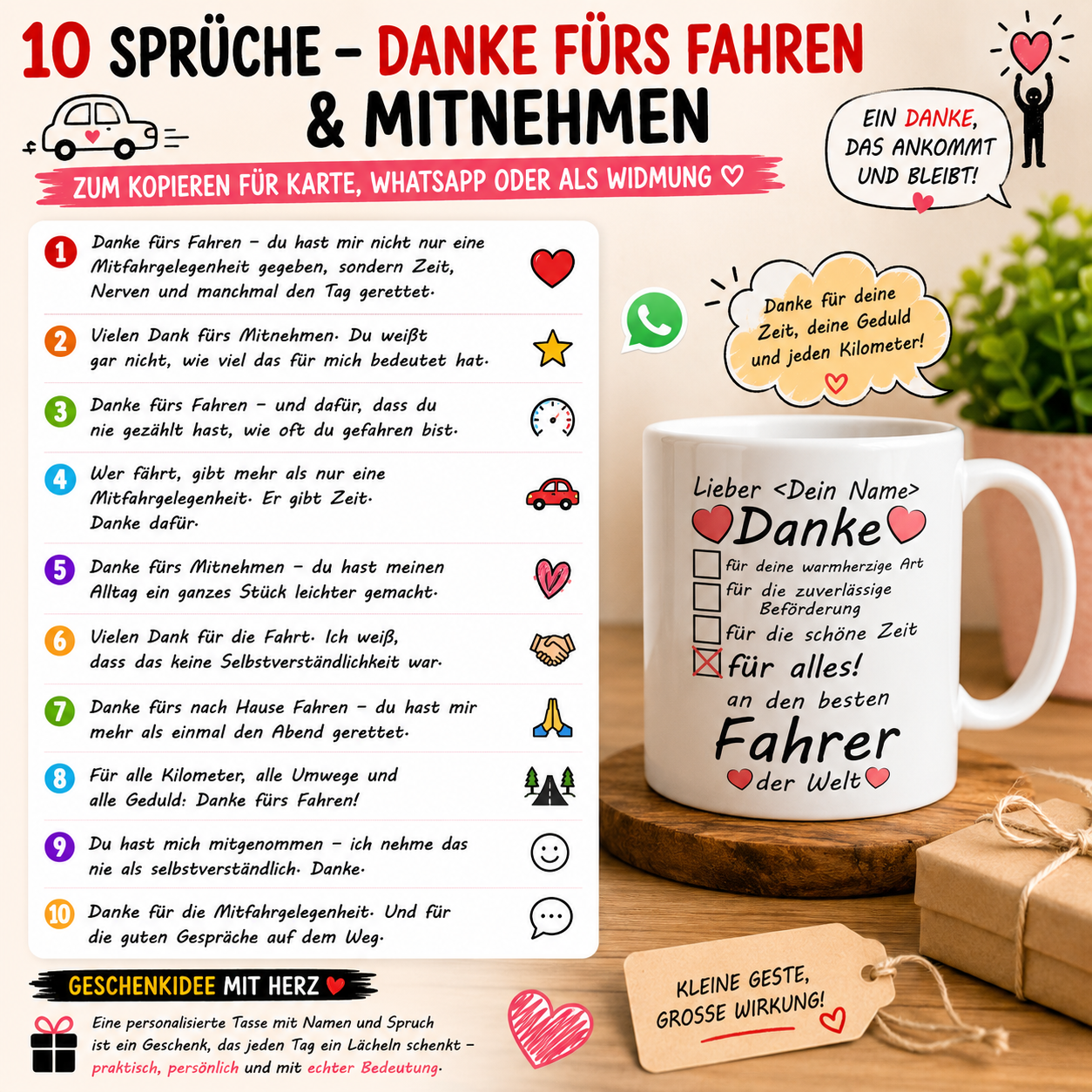 Personalisierte weiße Tasse mit Dankes-Spruch für Fahrer und Mitfahrgelegenheit neben einer Liste mit 10 Sprüchen zum Danke sagen fürs Fahren und Mitnehmen – Geschenkidee für Karte, WhatsApp oder Tasse