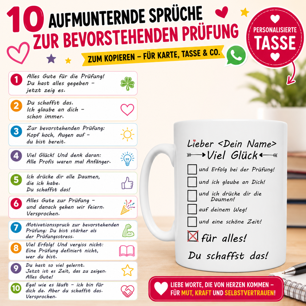 10 aufmunternden Sprüchen zur bevorstehenden Prüfung. Große pink-schwarze Überschrift mit Herz-, Stern- und WhatsApp-Elementen auf hellem Hintergrund. Links stehen motivierende Prüfungssprüche in bunten Textfeldern mit Symbolen wie Kleeblatt, Sonne, Buch und Daumen hoch. Rechts ist eine weiße personalisierte Tasse mit Glückwünschen zur Prüfung im Checkbox-Design zu sehen. Das Bild eignet sich ideal zum Teilen per WhatsApp, für Karten oder als Geschenkidee zur bevorstehenden Prüfung.