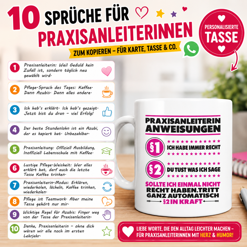 10 lustigen und motivierenden Sprüchen für Praxisanleiterinnen in der Pflege. Große pink-schwarze Überschrift mit Herz-, Stern- und WhatsApp-Elementen auf hellem Hintergrund. Links stehen humorvolle Pflege- und Ausbildungs-Sprüche in bunten Textfeldern mit Symbolen wie Kaffeetasse, Daumen hoch und Stern. Rechts ist eine weiße personalisierte Tasse mit witzigem „Praxisanleiterin Anweisungen“-Aufdruck in Pink und Schwarz zu sehen. Das Bild eignet sich ideal zum Teilen per WhatsApp, für Karten oder als Geschen