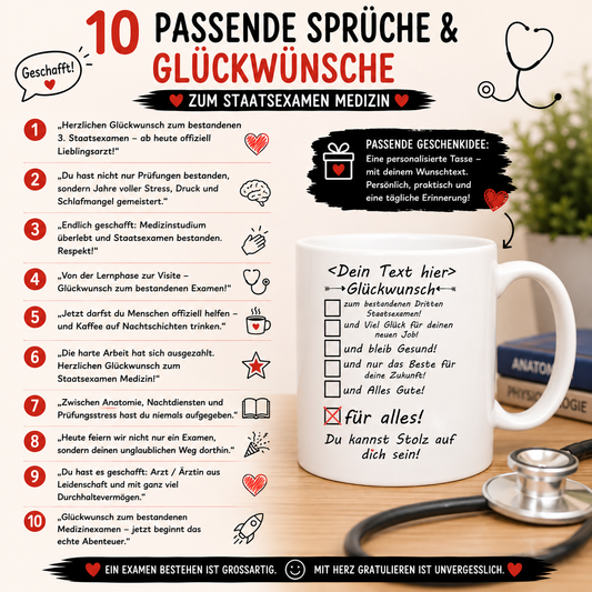 10 passende Sprüche & Glückwünsche zum bestandenen Staatsexamen Medizin mit Geschenkidee eine personalisierte Tasse