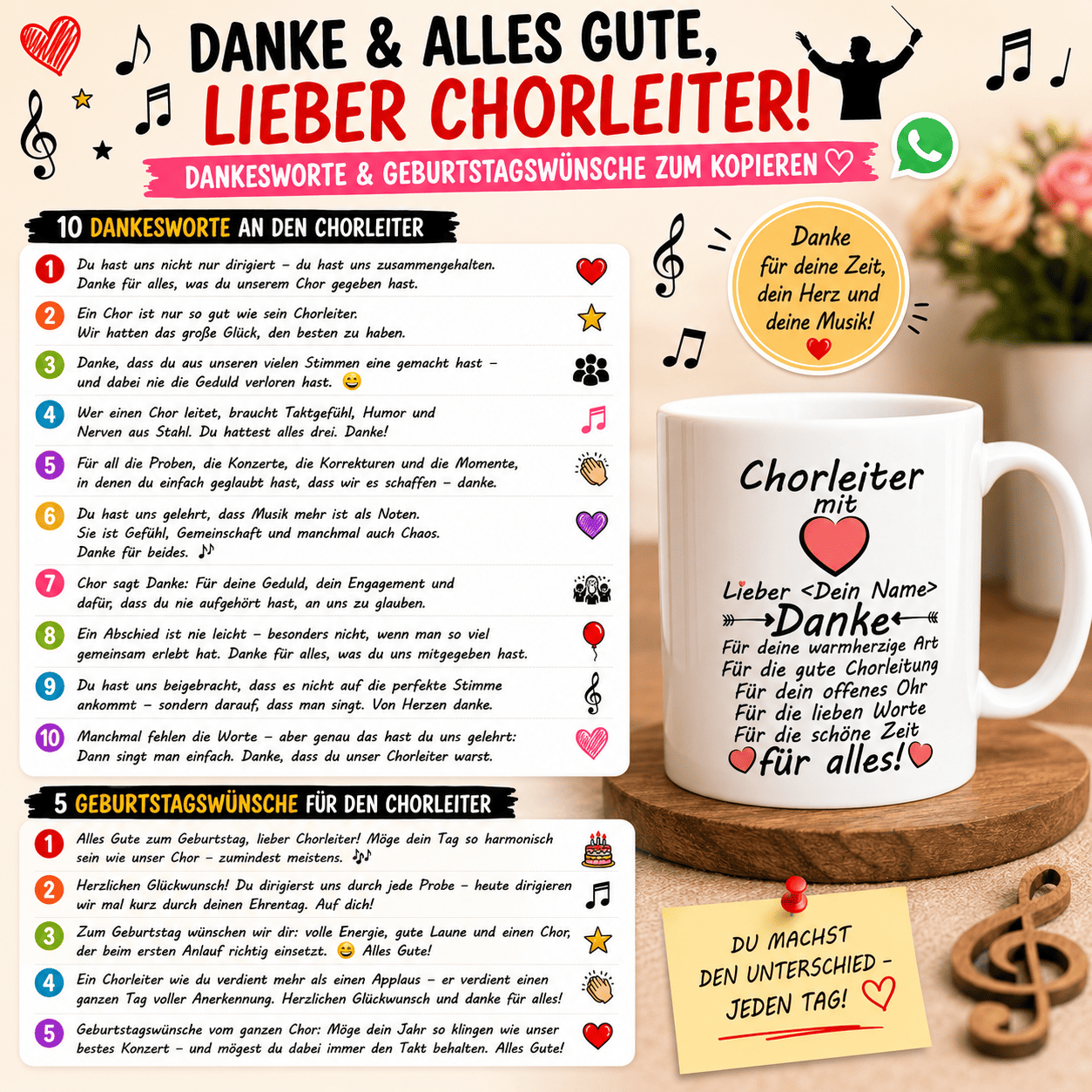 10 Dankesworte an den Chorleiter Zum Kopieren, für Karten oder als Widmung auf der Tasse und 5x Geburtstagssprüche + eine Tasse mit Wunschnamen 