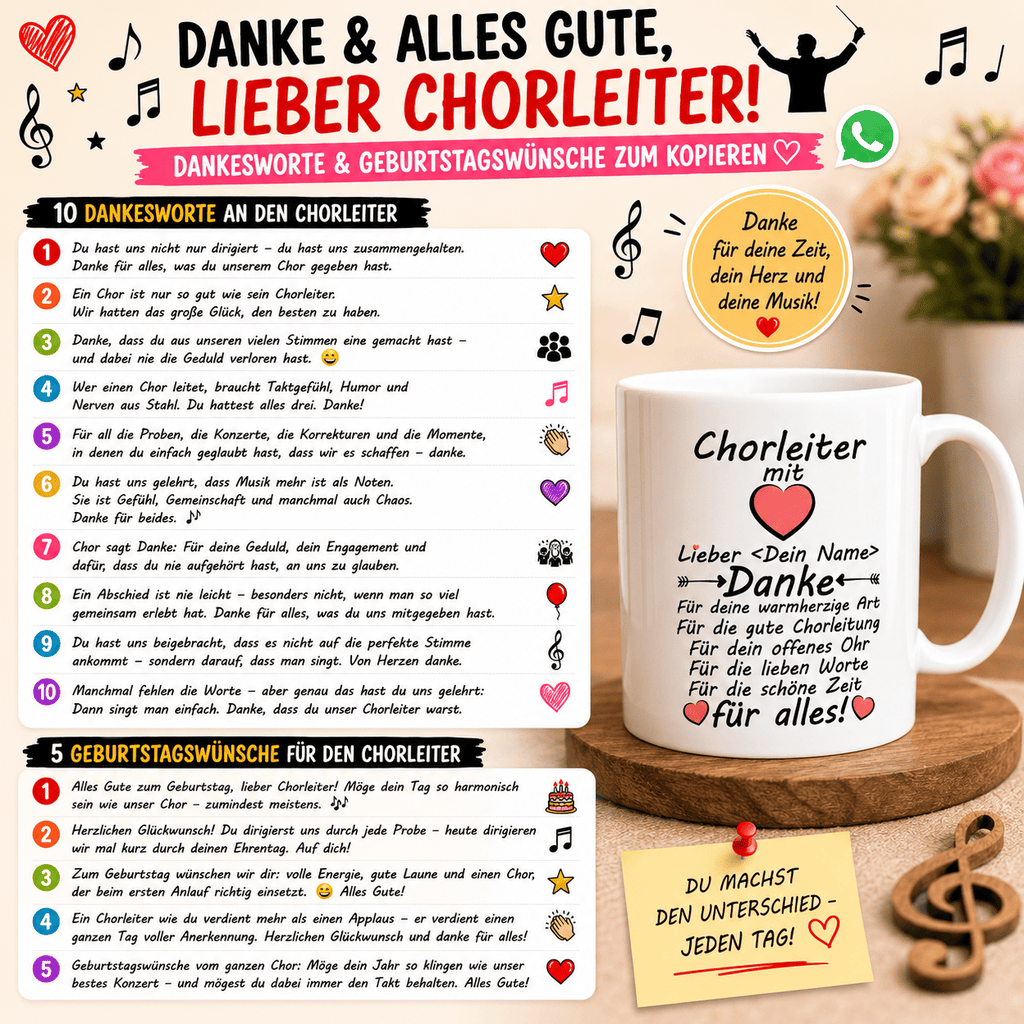 10 Dankesworte an den Chorleiter Zum Kopieren, für Karten oder als Widmung auf der Tasse und 5x Geburtstagssprüche + eine Tasse mit Wunschnamen 