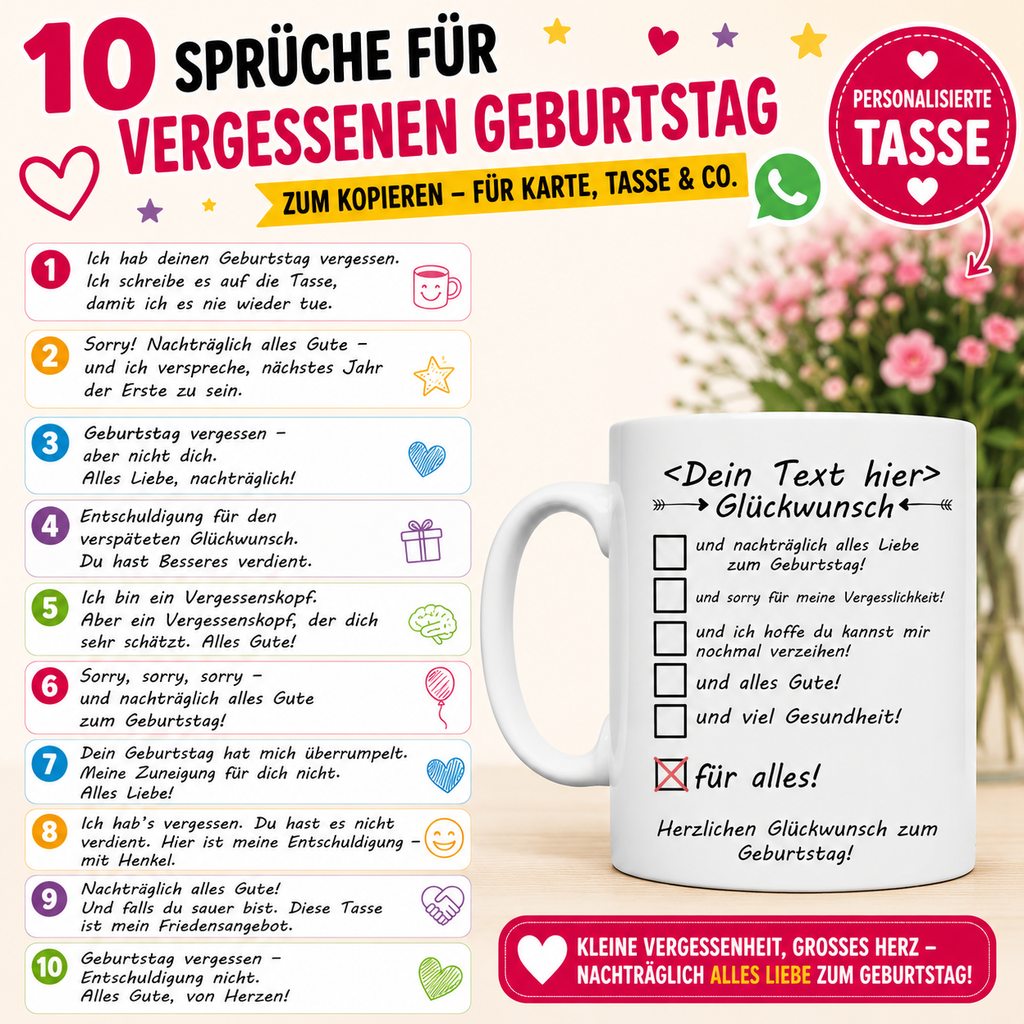 10 lustigen und liebevollen Sprüchen für einen vergessenen Geburtstag. Große pink-schwarze Überschrift mit Herz-, Stern- und WhatsApp-Elementen auf hellem Hintergrund. Links stehen nachträgliche Geburtstagswünsche und Entschuldigungen in bunten Textfeldern mit kleinen Symbolen wie Geschenk, Herz und Smiley. Rechts ist eine weiße personalisierte Tasse mit verspätetem Geburtstagsgruß im Checkbox-Design zu sehen. Das Bild eignet sich ideal zum Teilen per WhatsApp, für Karten oder als humorvolle Geschenkidee.