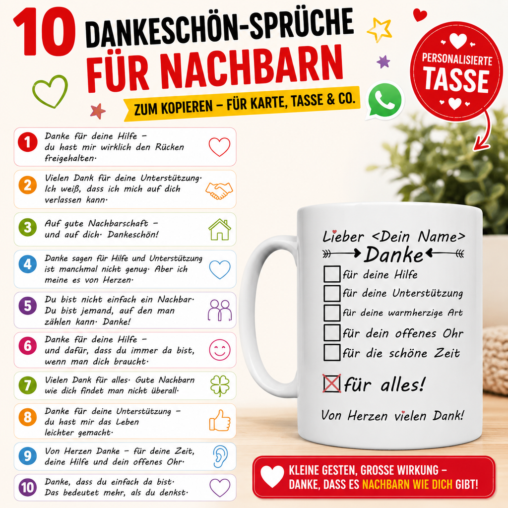 10 liebevollen Sprüchen für Nachbarn. Große rot-schwarze Überschrift mit Herz-, Stern- und WhatsApp-Elementen auf hellem Hintergrund. Links stehen herzliche Danke-Sprüche und Worte der Wertschätzung in bunten Textfeldern mit Symbolen wie Herz, Handschlag, Haus und Kleeblatt. Rechts ist eine weiße personalisierte Tasse mit Dankesbotschaft im Checkbox-Design zu sehen. Das Bild eignet sich ideal zum Teilen per WhatsApp, für Karten oder als persönliche Geschenkidee für hilfsbereite Nachbarn.