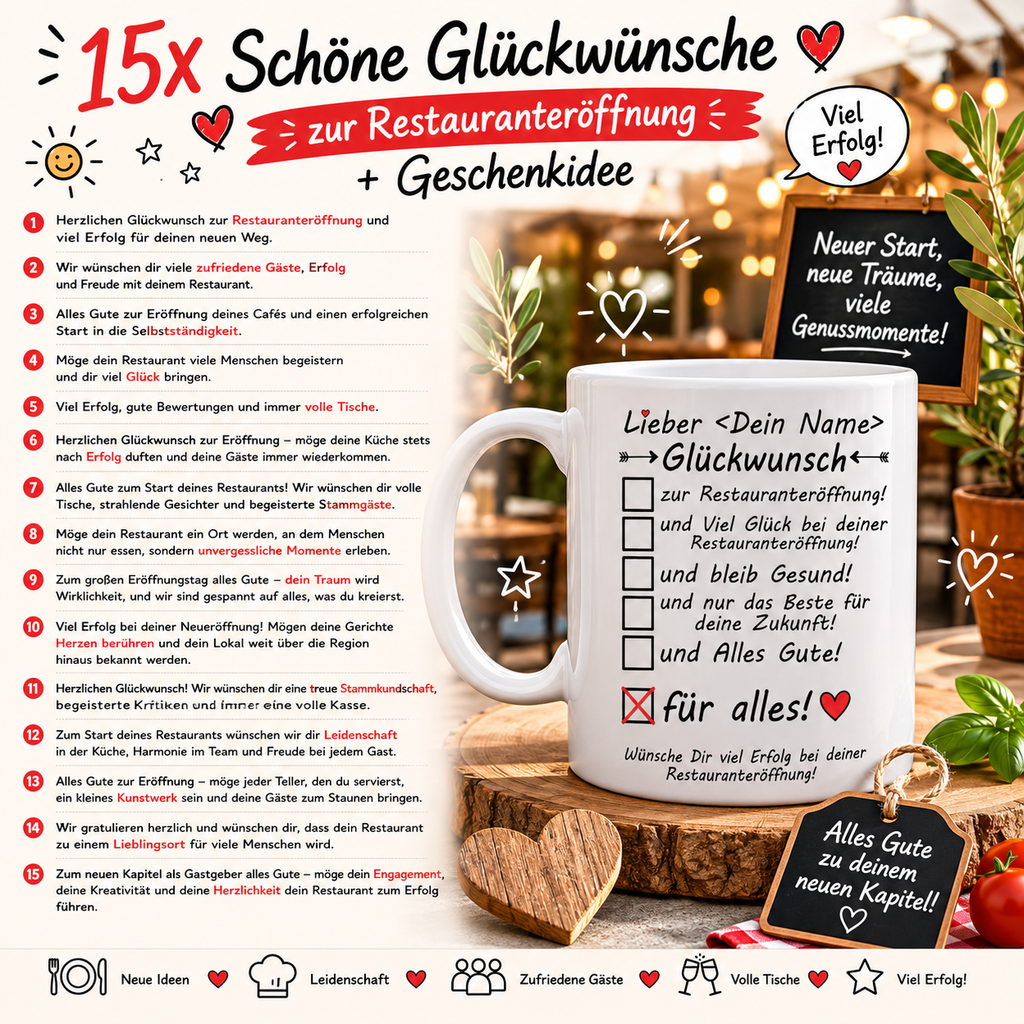 15x Schöne Glückwünsche zur Restauranteröffnung + Geschenkidee zur Neueröffnung für Karte + Whatsapp