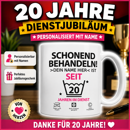 Personalisierte Tasse zum 20-jährigen Dienstjubiläum – lustiges Geschenk zum 20-jährigen Jubiläum für Kollegin, Kollegen oder Mitarbeiter.