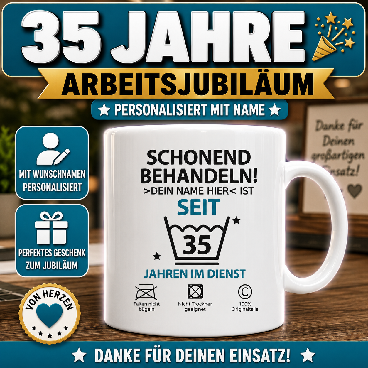 Personalisierte Tasse zum 35-jährigen Dienstjubiläum mit Wunschname. Geschenk zum 35-jährigen Arbeitsjubiläum, Firmenjubiläum oder 35 Jahre im Betrieb.