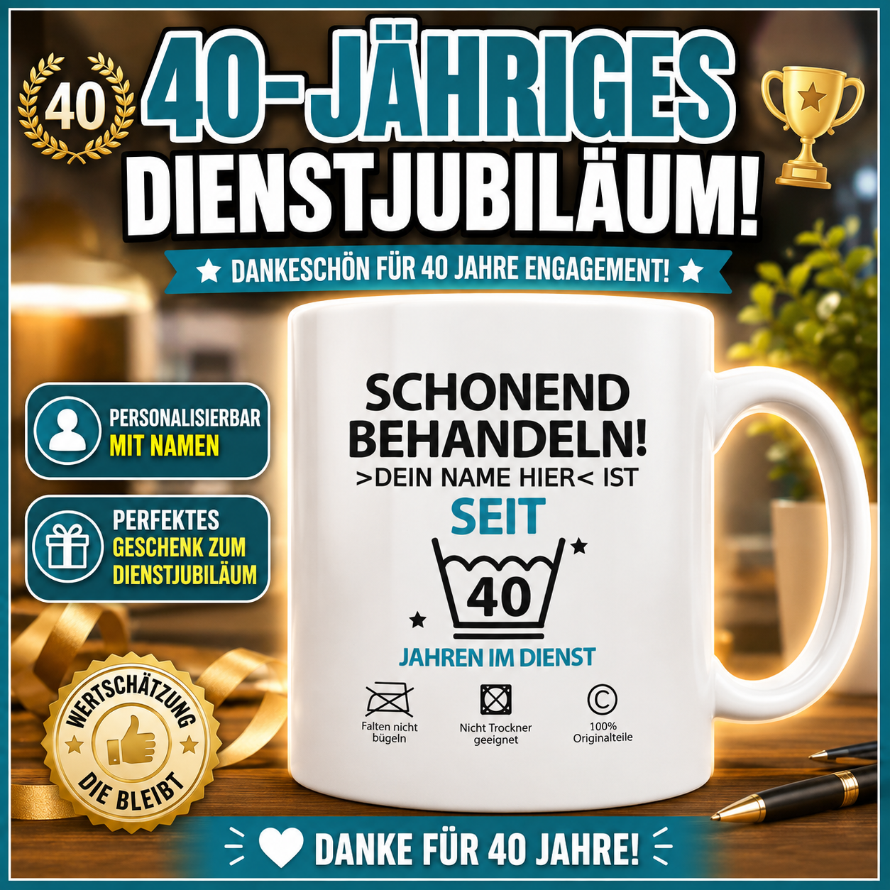 Personalisierte Tasse zum 40-jährigen dienstjubiläum mit Namen