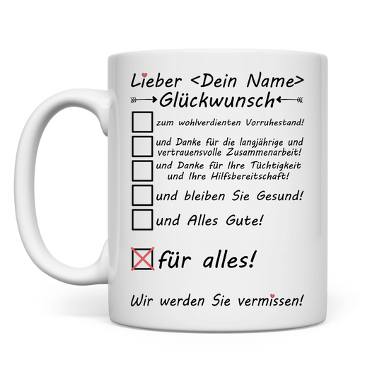 zum Vorruhestand Geschenk | Mann | Tasse Glückwunsch