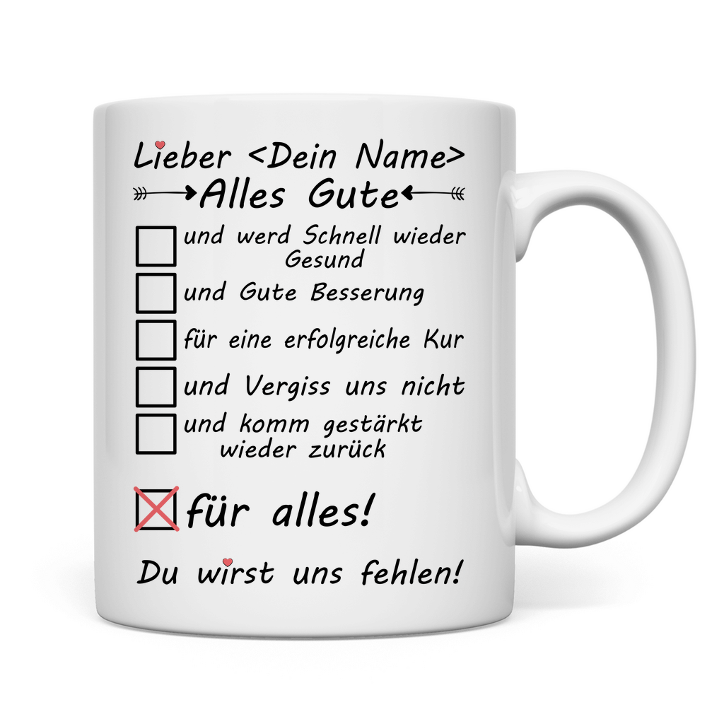 Für jemanden der auf Kur geht | Geschenk Alles Gute Tasse Rückseite