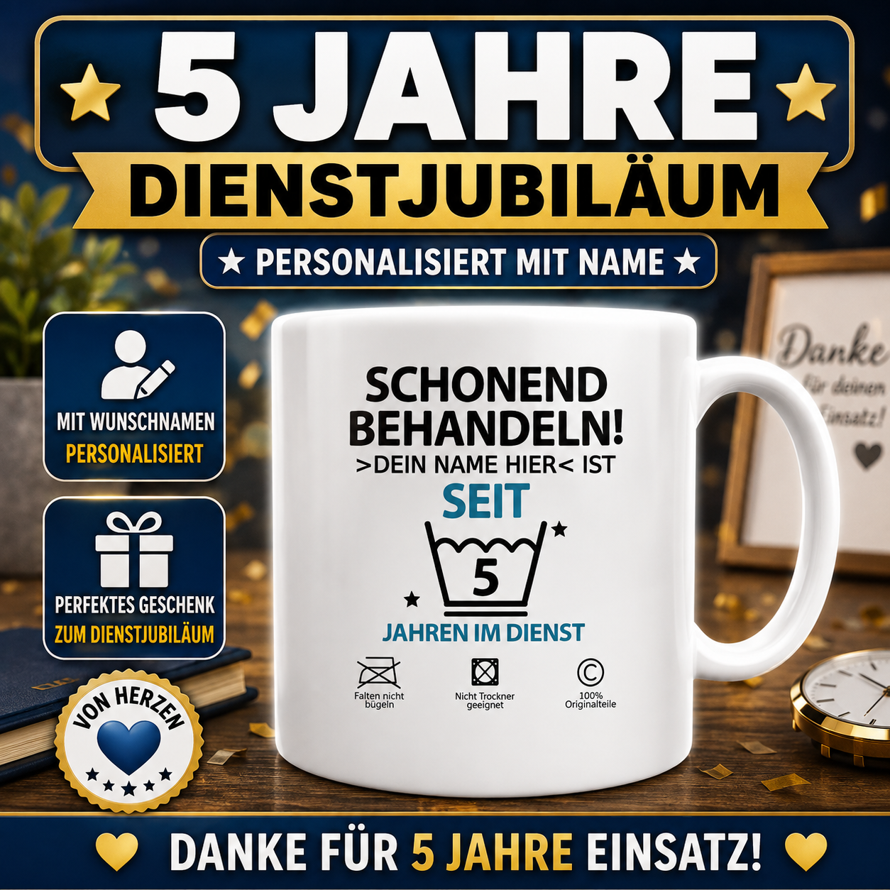 Personalisierte Tasse zum 5-jährigen Dienstjubiläum mit Wunschname. Originelles Geschenk zum Arbeitsjubiläum, Firmenjubiläum oder 5 Jahre im Betrieb.