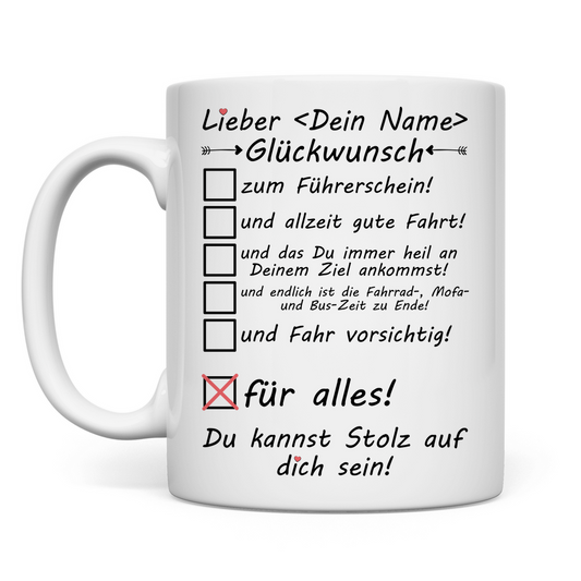 Gute wünsche zum bestandenen Führerschein | Geschenk  Junge Tasse