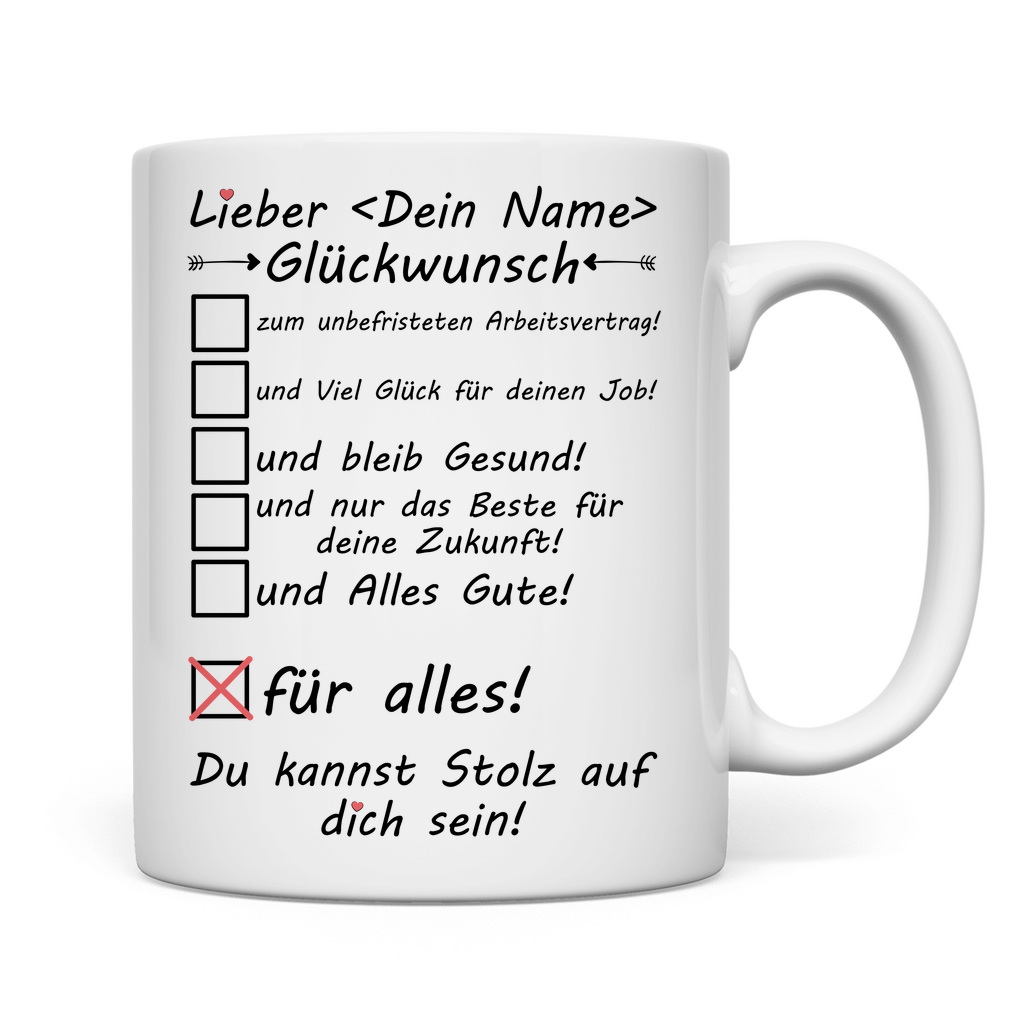 Glückwunsch zum unbefristeten Arbeitsvertrag | Tasse Kollege Geschenk Rückseite