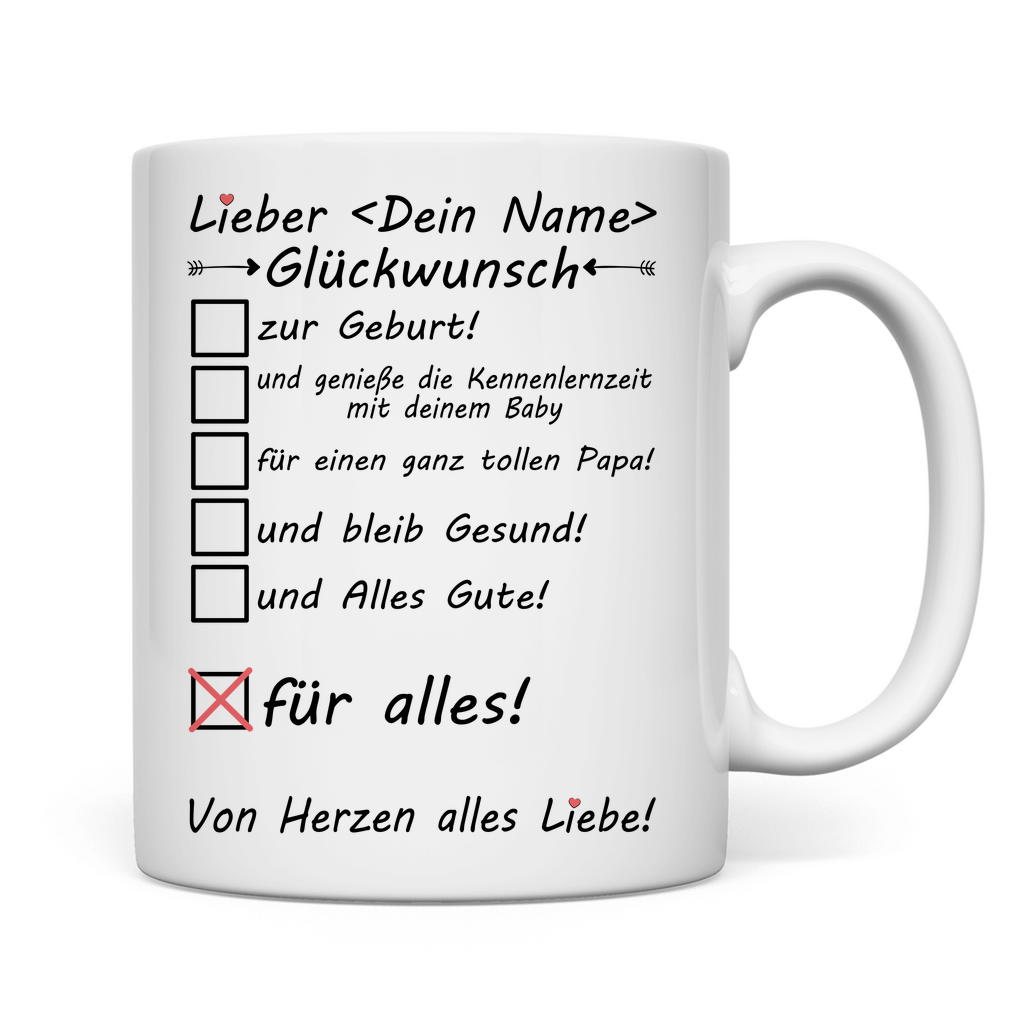 Mitarbeiter Geschenk zur Geburt | Kind | Baby Tasse Glückwunsch rückseite