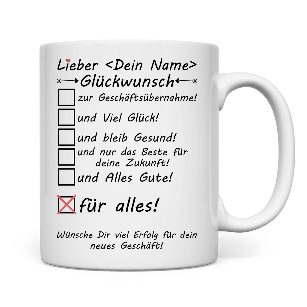 zur Geschäftsübernahme Gratulieren | Geschenk  Mann Glückwunsch Tasse rückseite