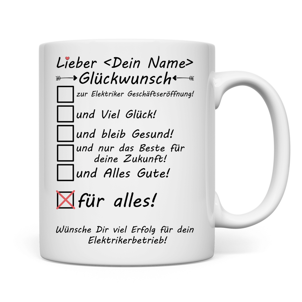 Elektriker Geschäftseröffnung | Alles Gute | Geschenk  Mann Glückwunsch Tasse rückseite