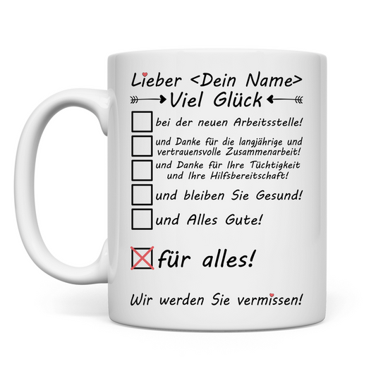Glückwünsche zum Wechsel Arbeitsstelle | Geschenk Kollege Tasse