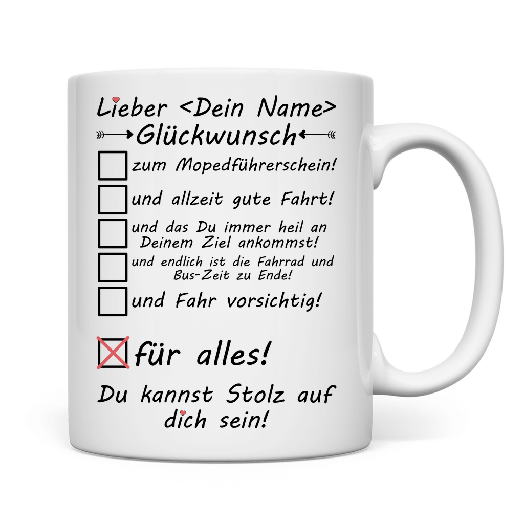 Bestandene Mopedprüfung | Geschenk | Tasse  Junge  rückseite