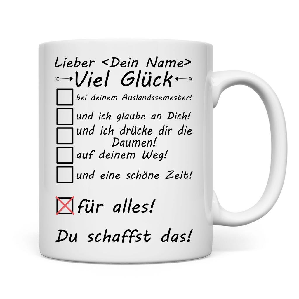 Gute Wünsche für Auslandssemester | Geschenk Viel Glück Tasse Mann rückseite