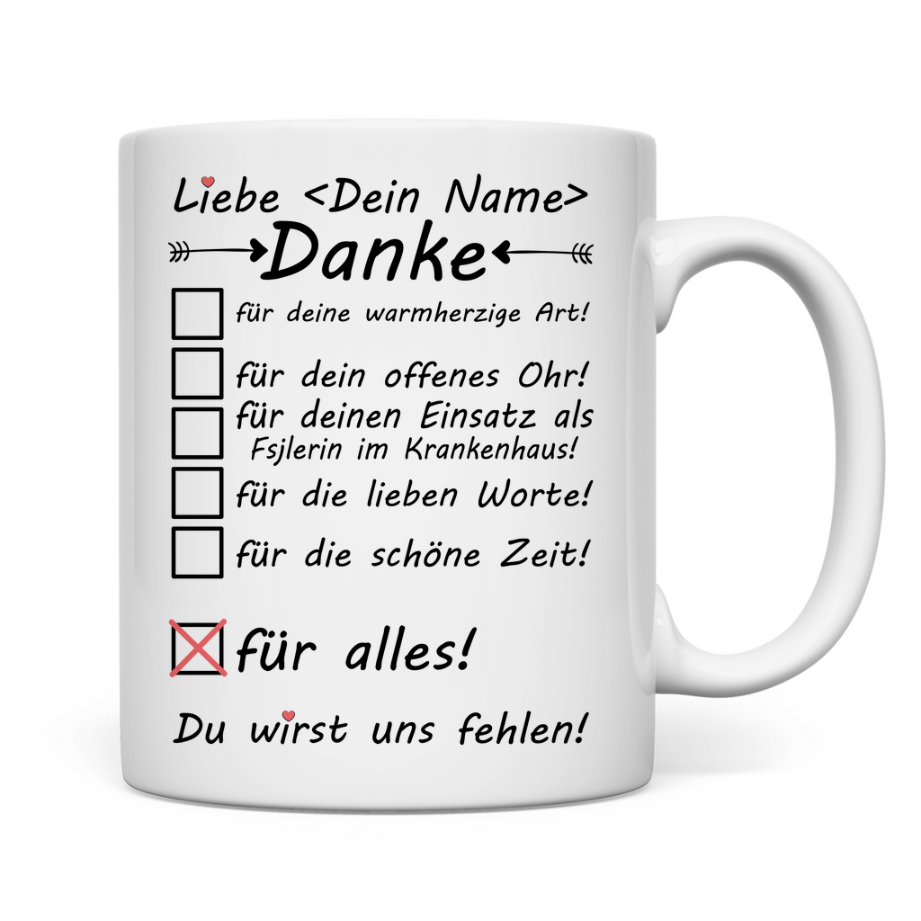 Personalisierte Tasse mit Namen – Abschiedsgeschenk FSJ Freiwilliges Soziales Jahr Krankenhaus