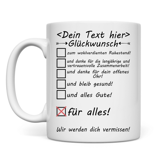 Weisse Keramiktasse mit Namensdruck fuer Arzt zum Ruhestand, oder als Abschiedsgeschenk Pensionierung, letzter Arbeitstag Praxis, Klinik Verabschiedung