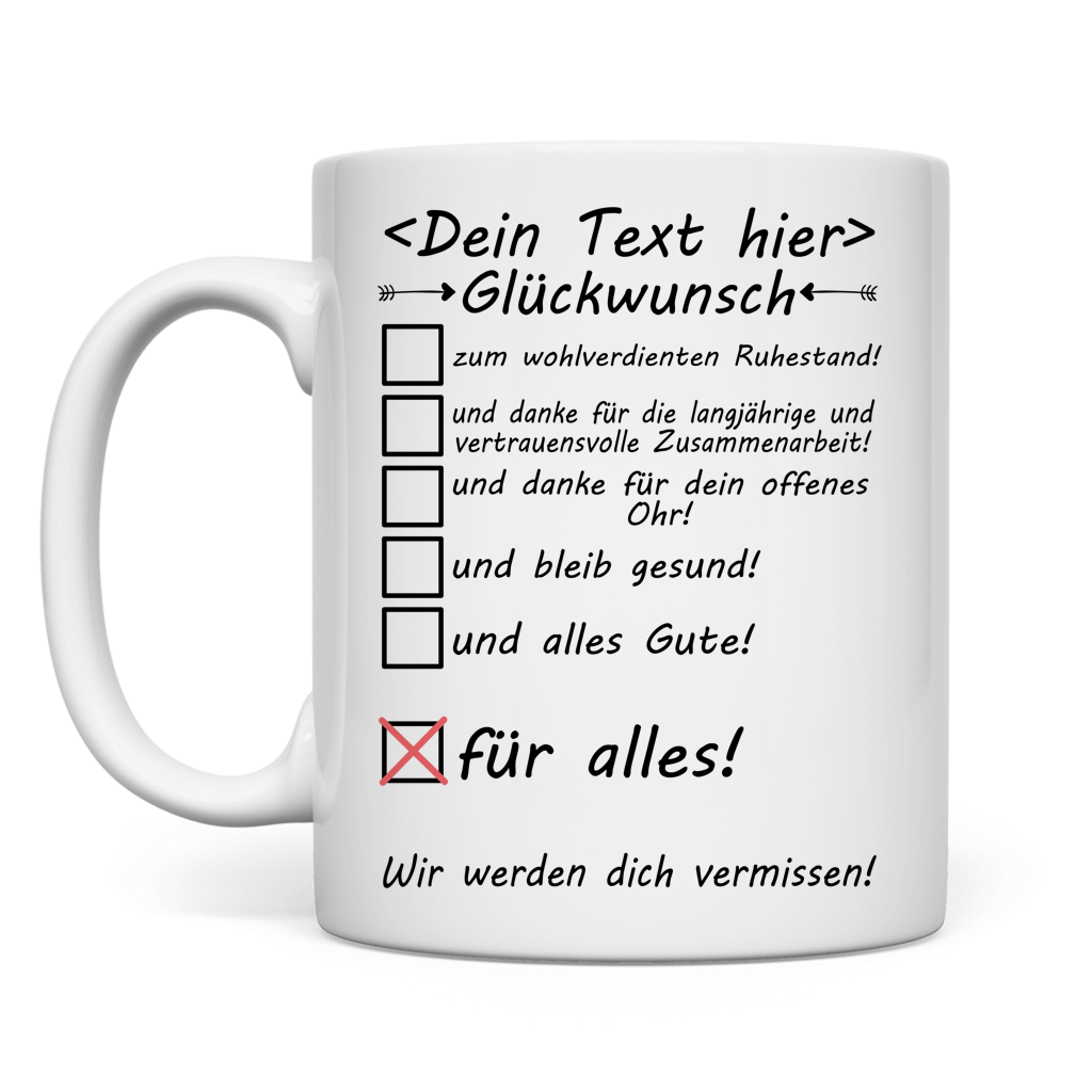 Weisse Keramiktasse mit Namensdruck fuer Arzt zum Ruhestand, oder als Abschiedsgeschenk Pensionierung, letzter Arbeitstag Praxis, Klinik Verabschiedung