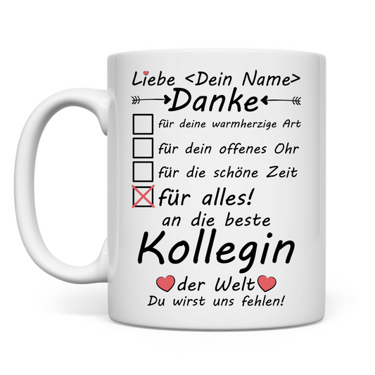 zur verabschiedung einer jungen Kollegin personalisierte Tasse