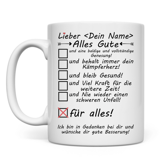 Personalisierte Tasse zur Genesung nach Unfall – Gute-Besserung-Geschenk mit Namen
