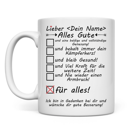 Personalisierte Keramiktasse mit Name – Genesungsgeschenk nach Armbruch mit humorvollem Motiv