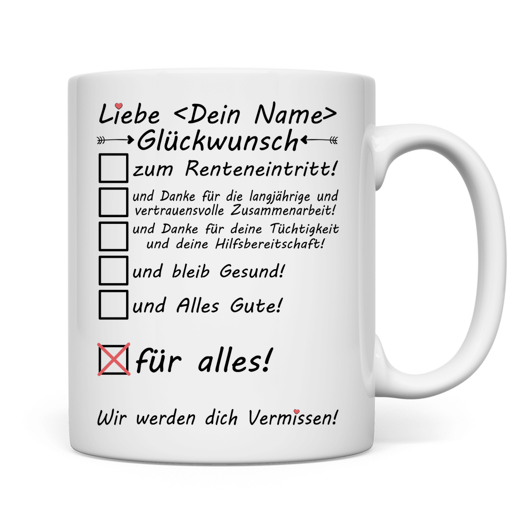 Personalisierte Tasse mit Namen – Geschenk zum Rentenbeginn Ruhestand für Kollegen