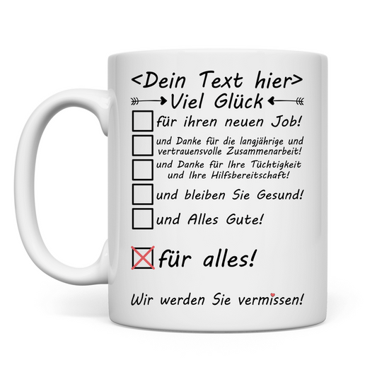 Tasse mit Namensdruck zur Gratulation für den neuen Job und Karrierestart