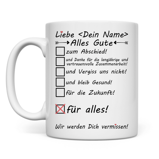 Personalisierte Tasse Ruhestand Erzieherin – Abschiedsgeschenk mit Wunschname