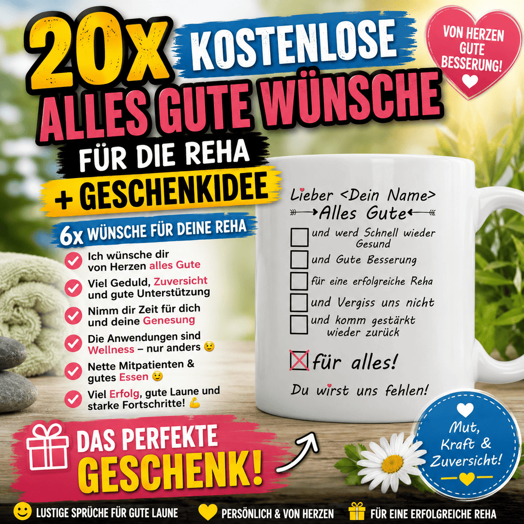 Kostenlose Alles Gute Wünsche für die Reha + Geschenkidee. persönliche & Lustige Wünsche für eine erfolgreiche Reha und einen angenehmen Reha-Aufenthalt