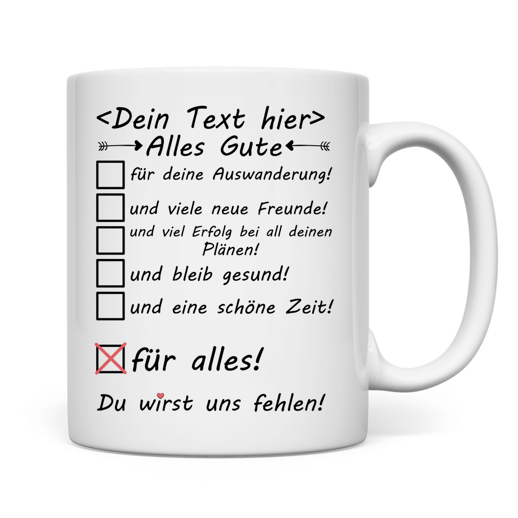 Personalisierte Tasse zur Auswanderung – Abschiedsgeschenk mit individuellem Namen