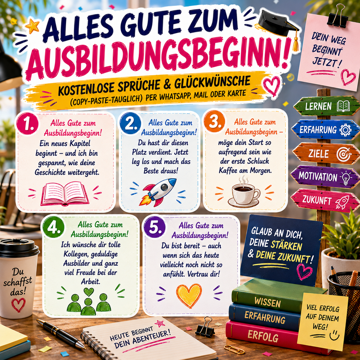 Alles Gute zum Ausbildungsbeginn mit persönlichen Glückwünschen und Wünschen für die Ausbildung