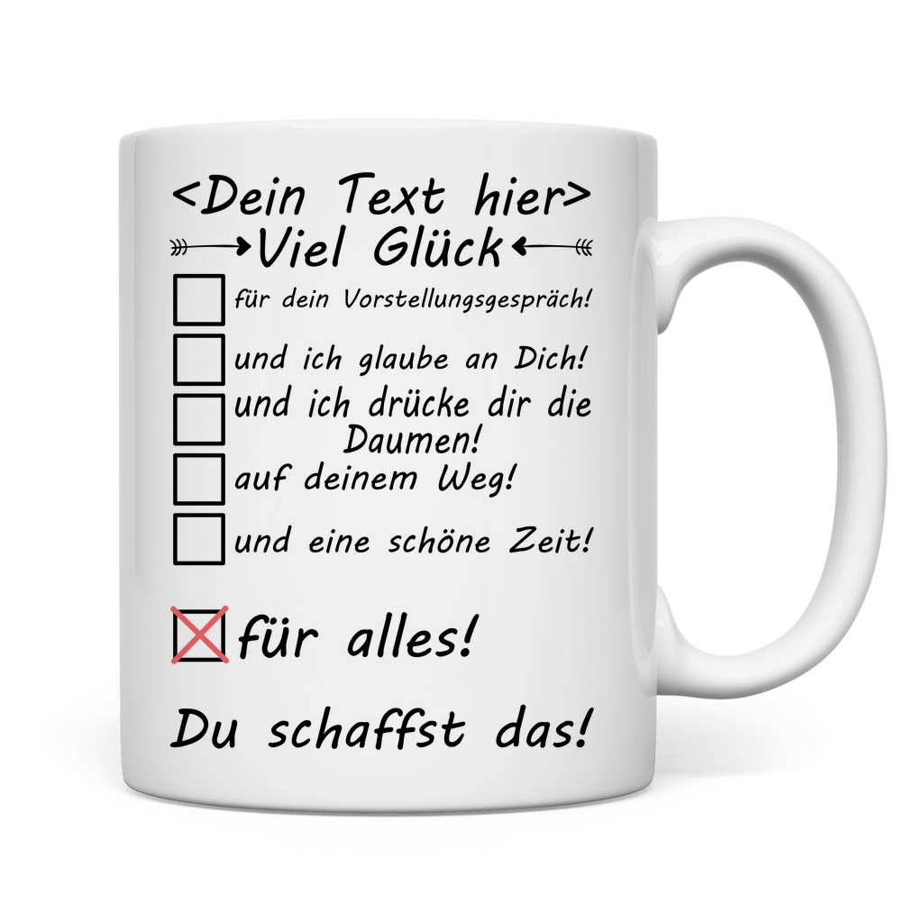 Personalisierte Keramiktasse mit Namensdruck zum bevorstehenden Vorstellungsgespräch