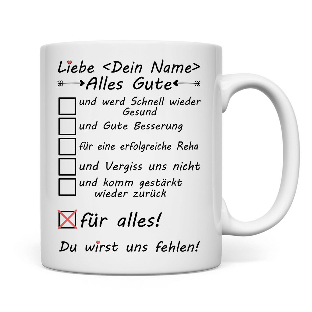 Alles Gute für die Reha wünschen – personalisierte Tasse