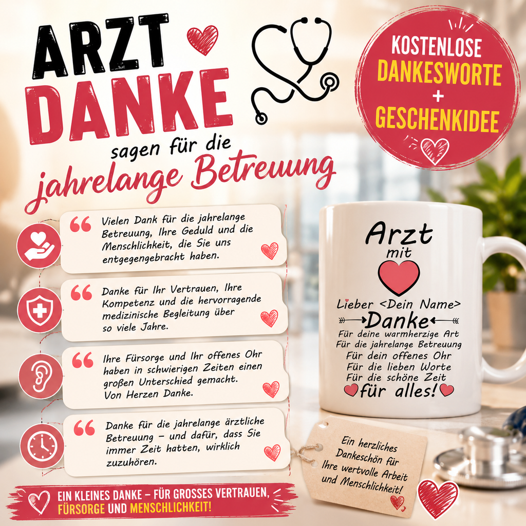 Arzt Danke sagen für die jahrelange Betreuung - Kostenlose Dankesworte + Geschenkidee für Karten, persönliche Nachrichten oder als Aufschrift auf einem Geschenk