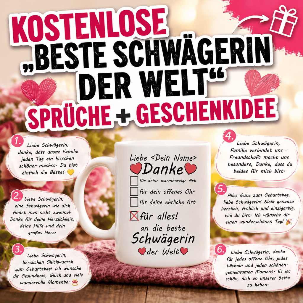 Kostenlose "Beste Schwägerin der Welt" Sprüche + Geschenkidee als Tasse" ,Die schönsten Sprüche für die beste Schwägerin der Welt – perfekt zum Geburtstag, als Dankeschön oder einfach zwischendurch