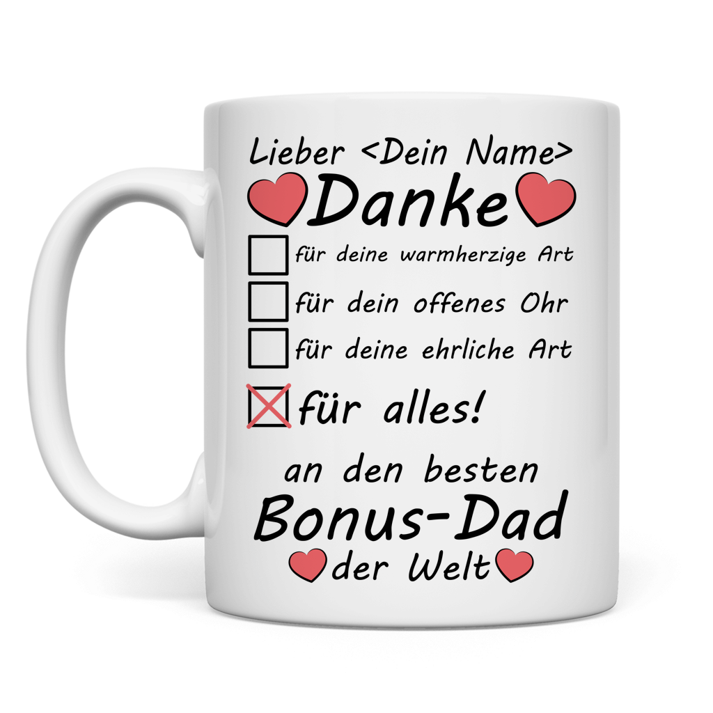 Weisse personalisierte Keramiktasse mit Namen fuer Bonus-Dad als Geschenk zum Vatertag