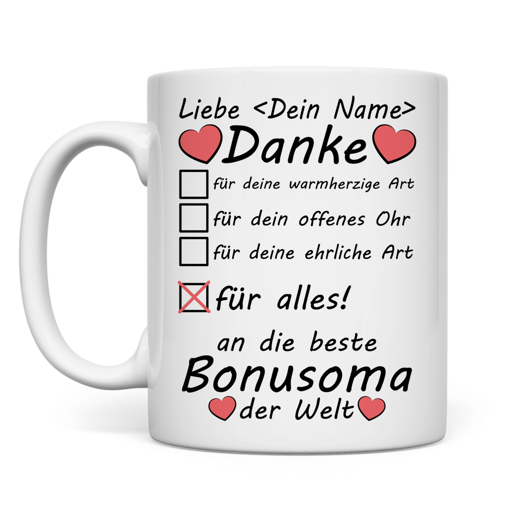Weisse Keramiktasse mit Aufdruck Danke an die beste Bonus-Oma als Geschenk zum Geburtstag