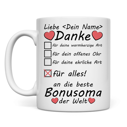Weisse Keramiktasse mit Aufdruck Danke an die beste Bonus-Oma als Geschenk zum Geburtstag