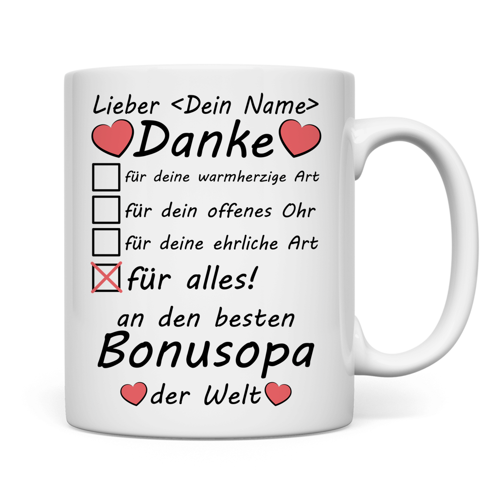 Premium Tasse fuer den besten Bonus-Opa der Welt mit individuellem Namen zum Geburtstag